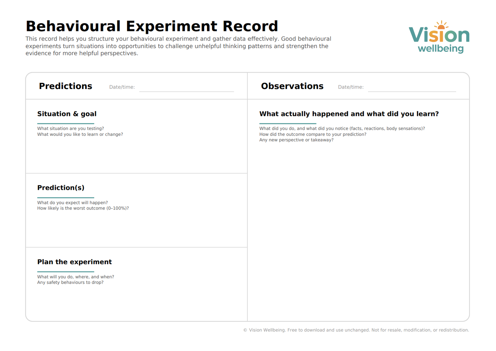 Behavioural Experiment Record preview